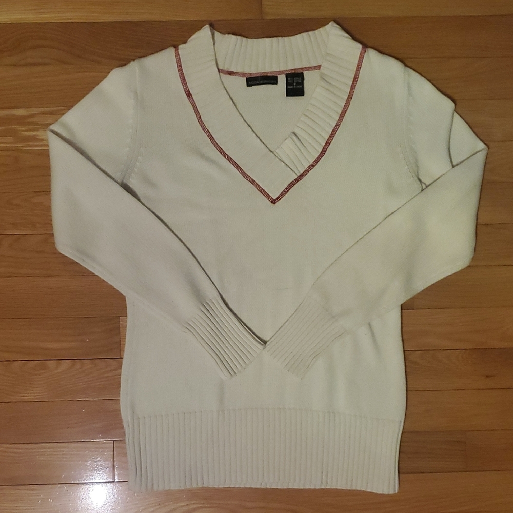 💫2/$25💫 Moda International Cream V-Neck Sweater with Red Trim